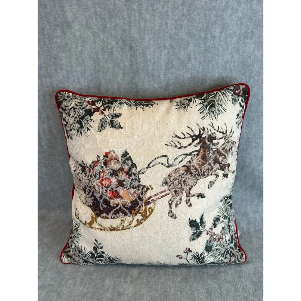 Christmas Olde World Santa Sleigh Reindeer Throw Pillow Red Trim Cream ‎ 17 x 17
